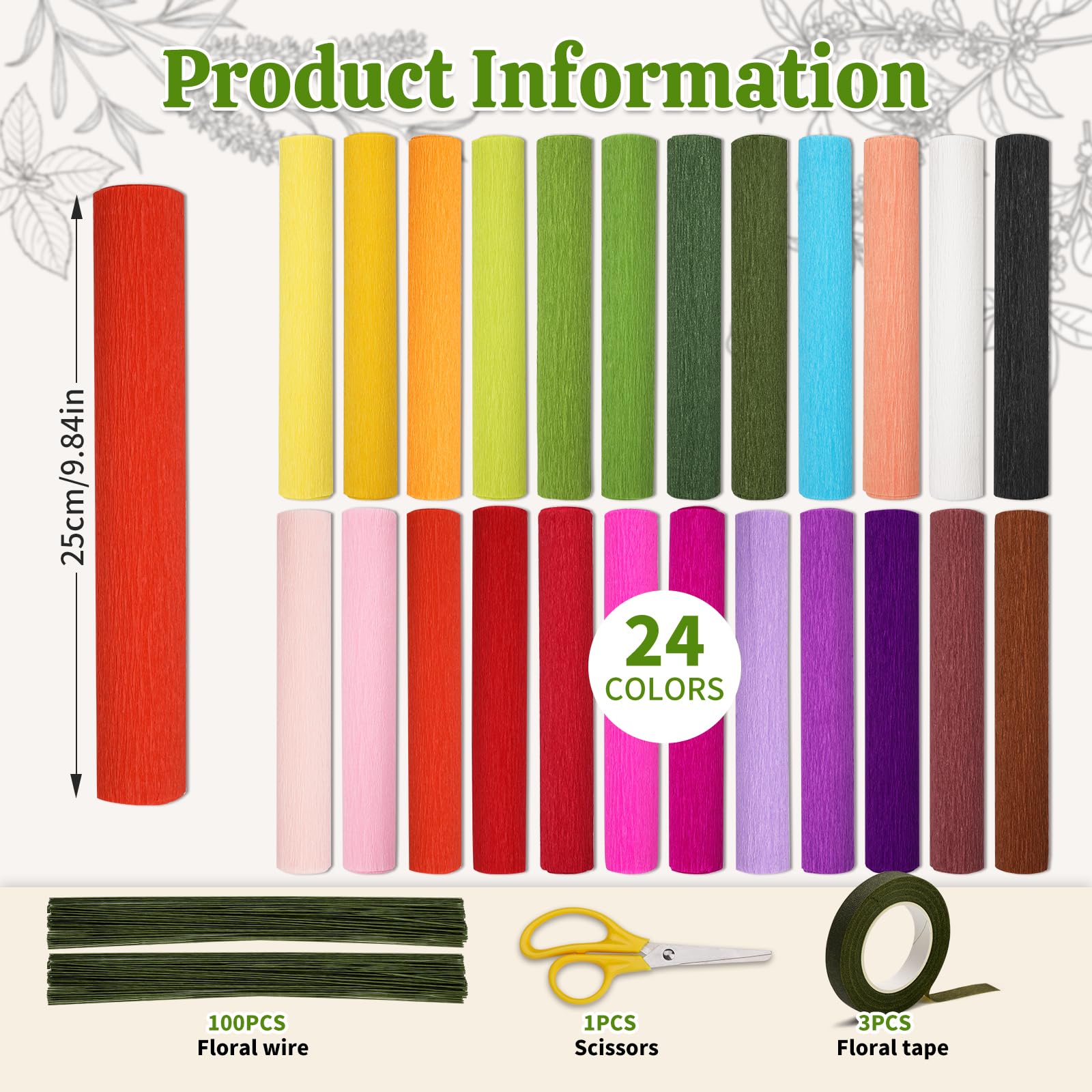 24 colori Crepe Paper Roll 10 X 98 pollici Papel Crepe Video Tutorial