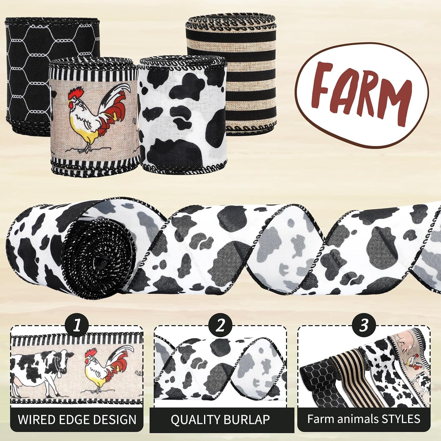 JarThenaAMCS Farmhouse Animal Wired Edge Ribbons Cow Chick Pig Stripe Chicken Wire Decorative Fabric Wrapping Ribbons for DIY Crafts Wreath Bow Making Supplies, 4 Rolls, 24 Yard