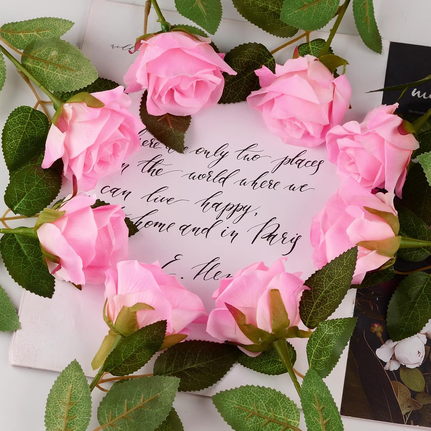48 Pcs Silk Purple Rose Bouquet Bridal Artificial Flowers, Fake Rose Long Stem Realistic Artificial Flowers for Wedding Arrangement Centerpiece Party Decor (48 Dark Pink)