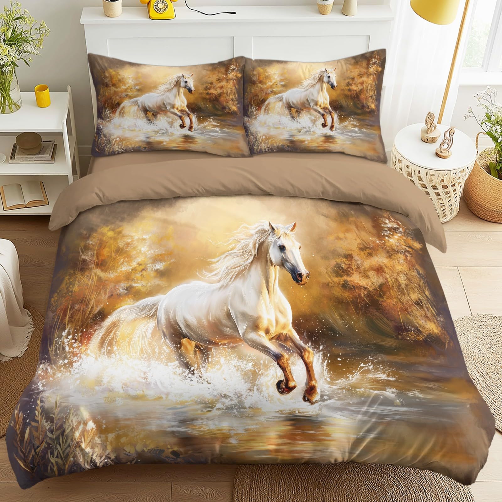 Générique Poszwa na kołdrę 200 x 200 cm fantazyjny krajobraz, zestaw pościeli 2-osobowej na prześcieradło z gumką, koń jezioro zestaw pościeli 4-częściowy z 2 poszewkami na poduszki