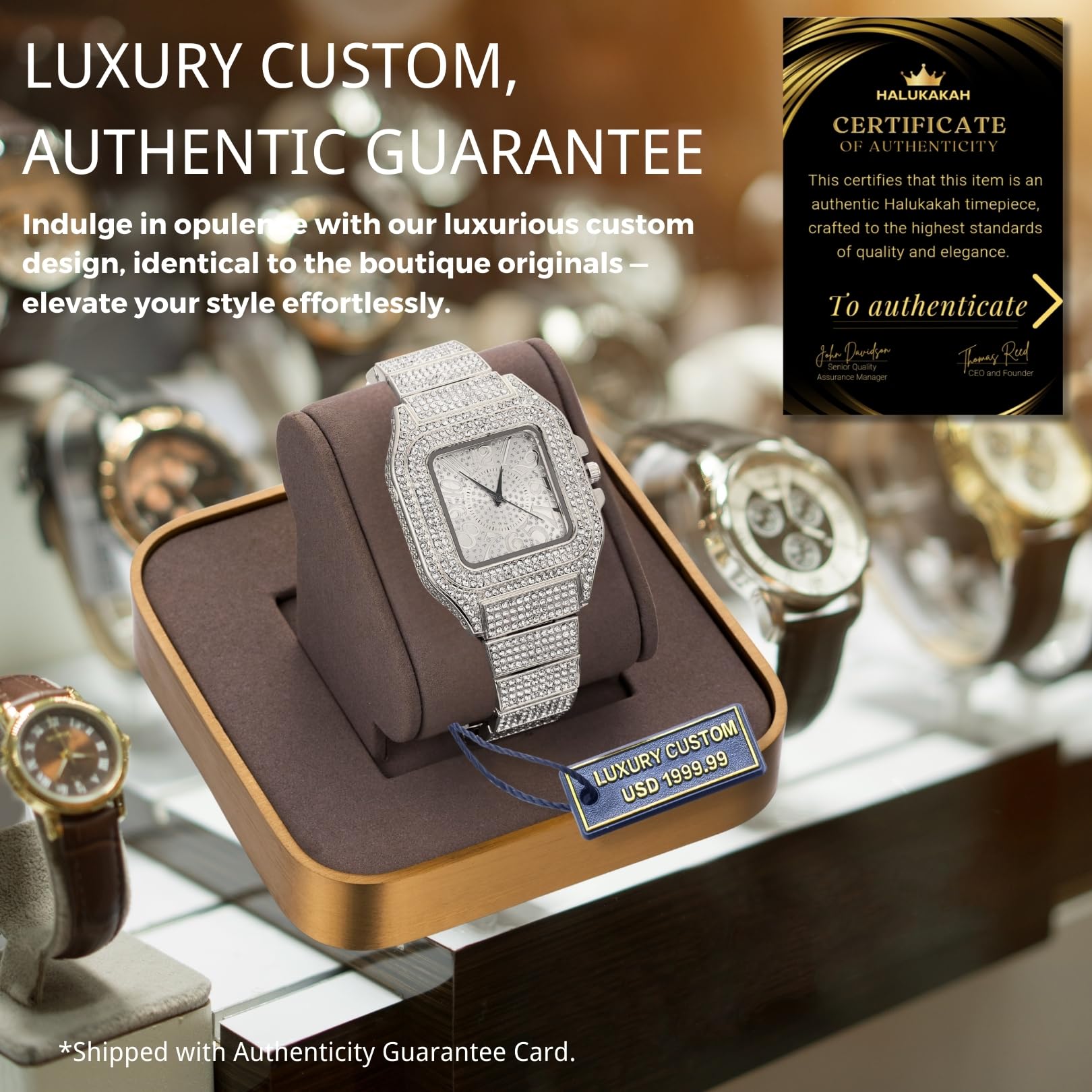 HALUKAKAH Reloj con Diamantes Iced out,Hombre Chapado en Oro 18K/Platino Oro Blanco Esfera con Números Árabes Cuarzo 22cm,Opcional con Cadena Cubana 20cm/45cm,Viene con Caja de Regalo
