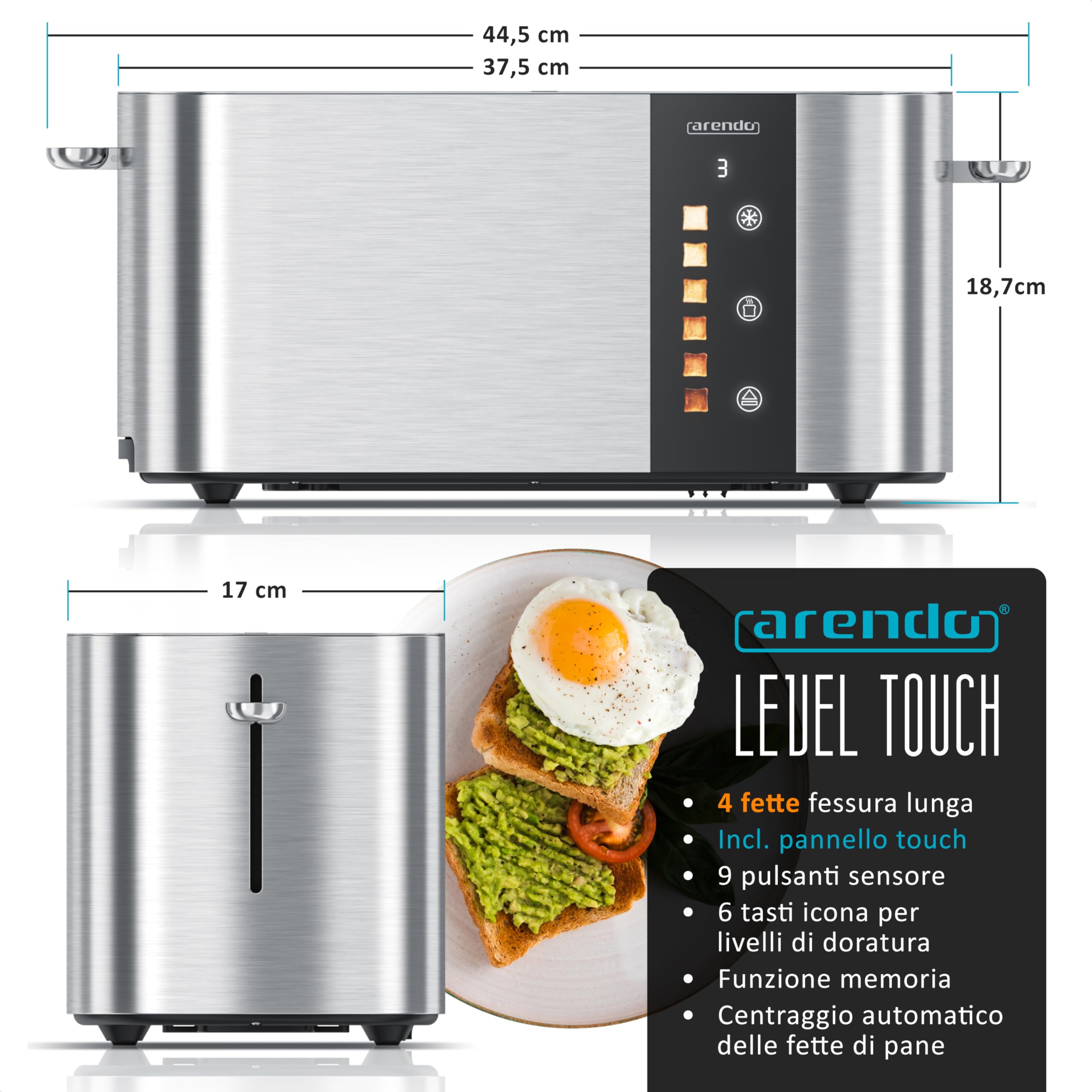 Tostapane a 2 Lunghe Fessure per 4 Fette, 1500 W, Visualizzazione a colori dei livelli di doratura, Display con indicazione del tempo rimanente, Tasti touch, Scaldapasta viennese, Doratura da 1 a 6