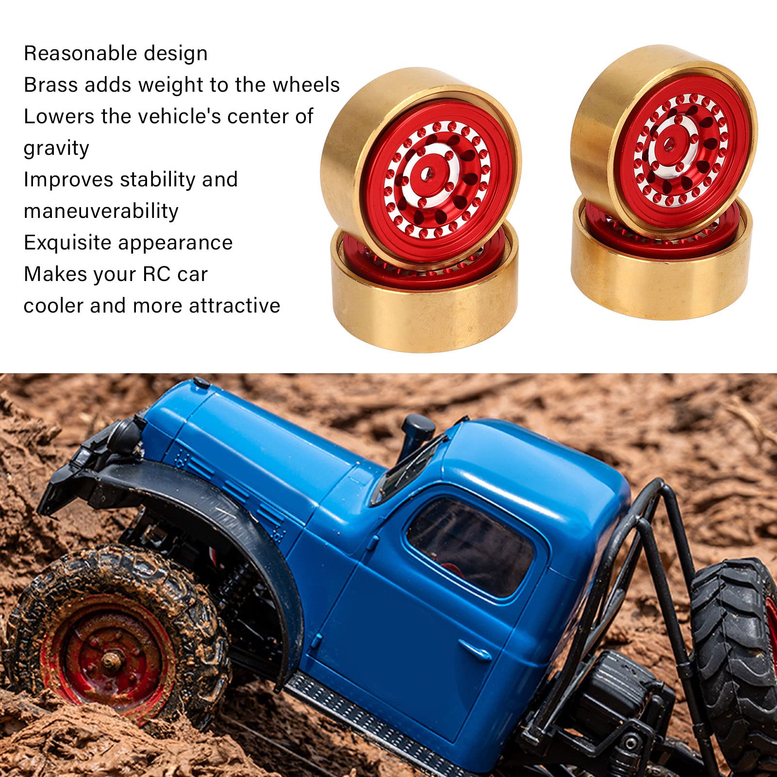 plplaaoo RC Beadlock Wheels Profesjonalny blok obciążnika koła ze stopu aluminium z mosiądzu do FMS FCX24 1/18 1/24 RC Car 4-częściowy zestaw z kluczem w zestawie (czerwony)