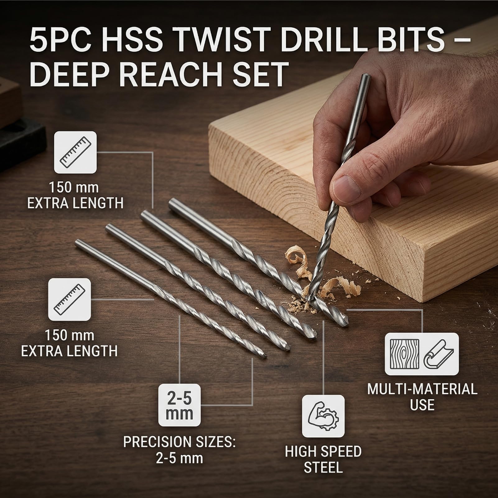 Long High-Speed Steel Drill Bits - 5 Sizes -6 Long High-Speed Steel Drill Bits - 5 Sizes -6