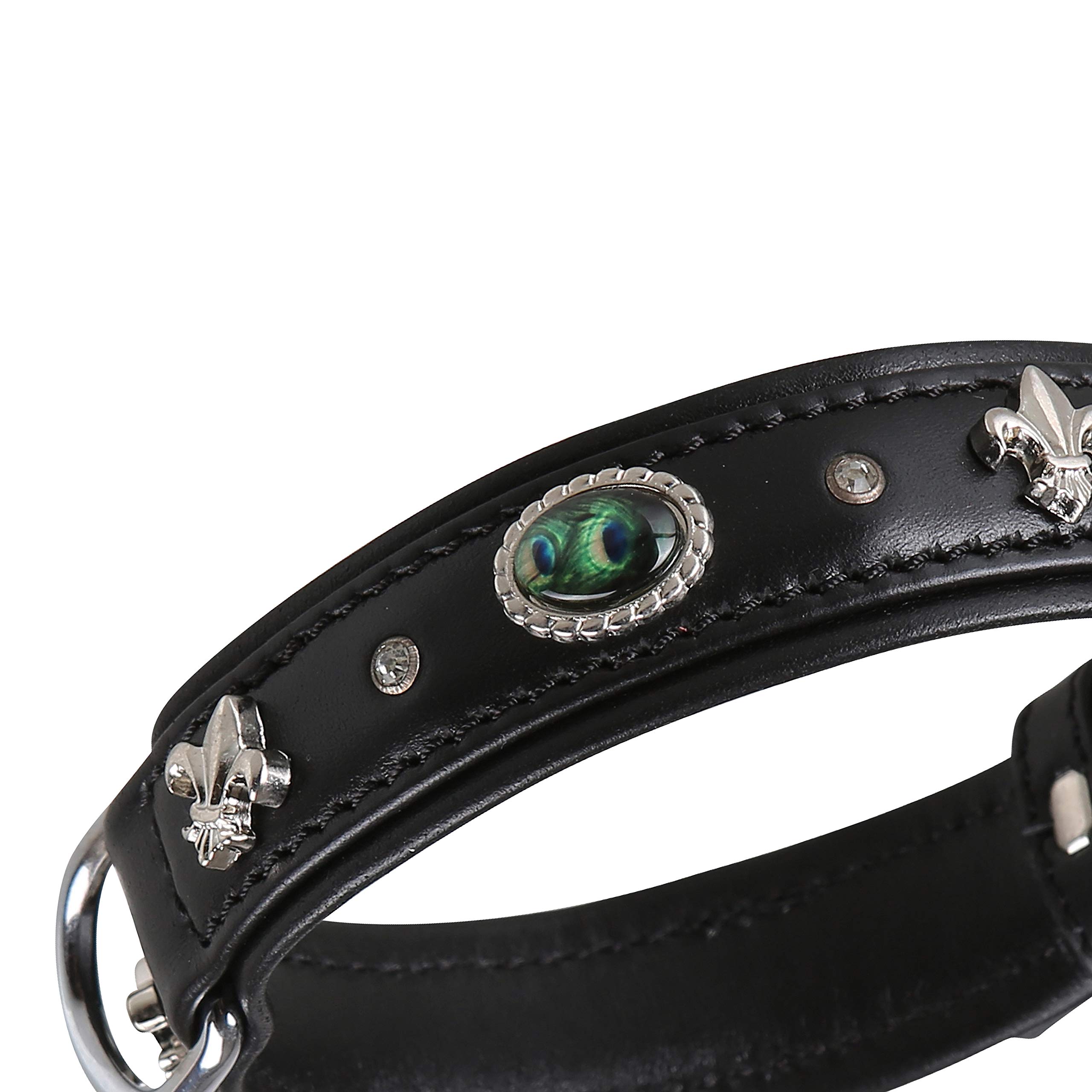 MICHUR EL Pavo Hundehalsband Leder, Lederhalsband Hund, Halsband, Schwarz, Leder, mit Lilien, Strasssteinen und grossem Pfauenauge, in verschiedenen Größen erhältlich