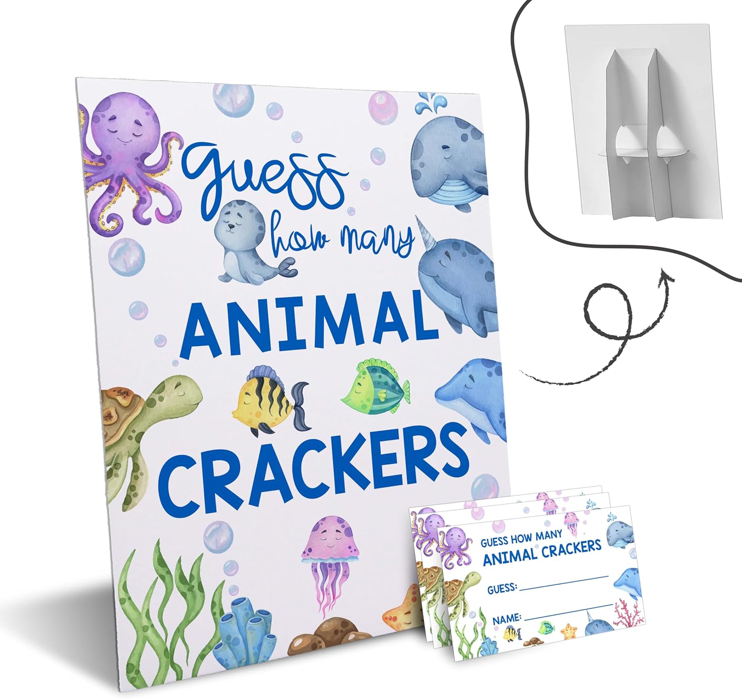 Under the Sea Baby Shower Game Set, Guess How Many Animals Crackers Game, 1 Sign with 50 Cards For Baby Shower Party Supplies - F04