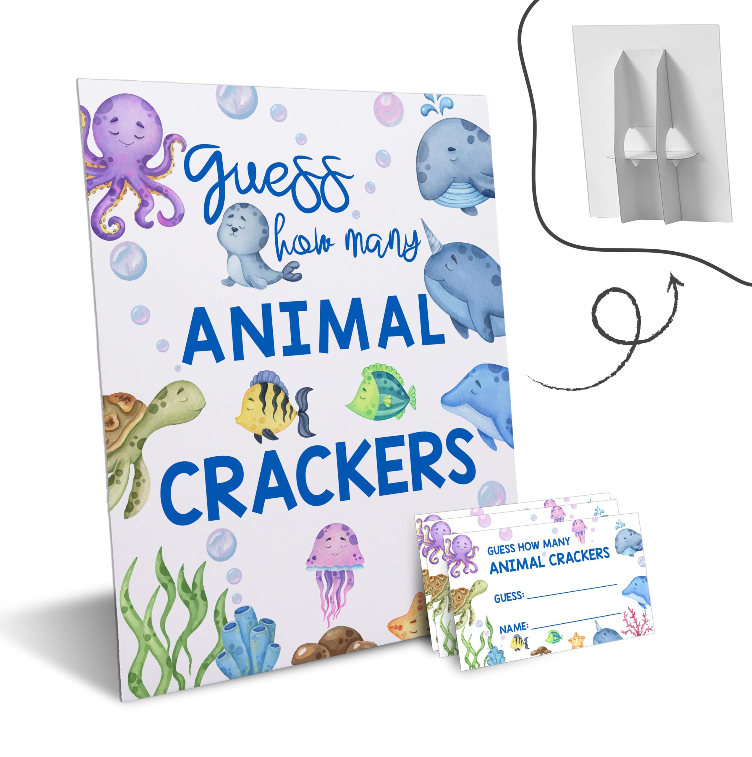 Under the Sea Baby Shower Game Set, Guess How Many Animals Crackers Game, 1 Sign with 50 Cards For Baby Shower Party Supplies - F04