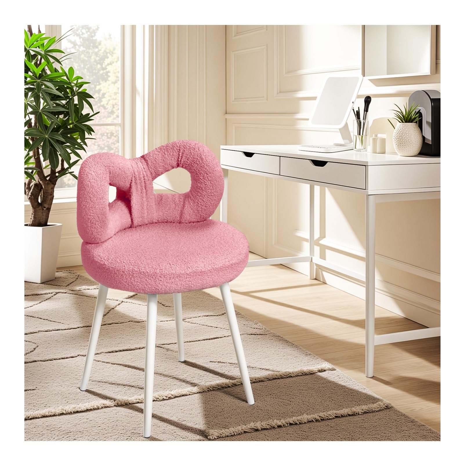 Anvazise Vanity Stool with Bowknot, Vanity Stool Makeup Chair,Adjustable Foot Pads, for Vanity Bathroom Living Room, Round Ottoman Makeup Chair