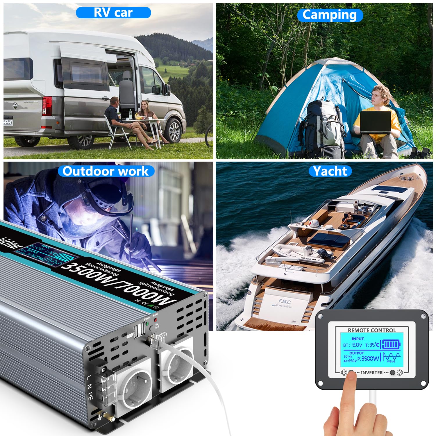 FLAMEZUM Falownik Czysty Sinus 3500 W DC 12V na AC 230V Przetwornica Napięcia, z ekranem LCD & Pilotem Zdalnego Sterowania 2 x 2,4 A USB & 2 x Gniazda AC do Przyczep Kempingowych