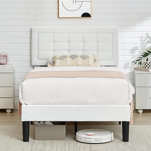 VECELO Twin Size Bed Frame with Adjustable Headboard, Upholstered Button Tufted Platform Bedframe with Wood Slats Support, No Box Spring Needed, White