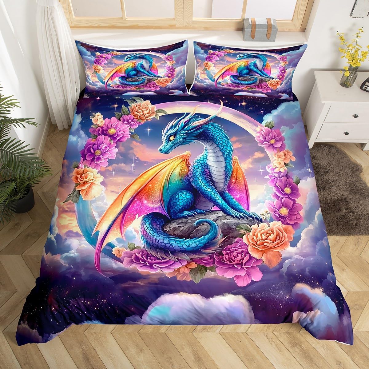 Manfei Magic Dragon Duvet Cover Set King Size, Purple Rose Flower Bedding Set 3pcs, Ancient Animal Comforter Cover, Kids Boy Girl Room Decor, Lightweight Bedspread Cover, 2 Pillowcases, No Comforter
