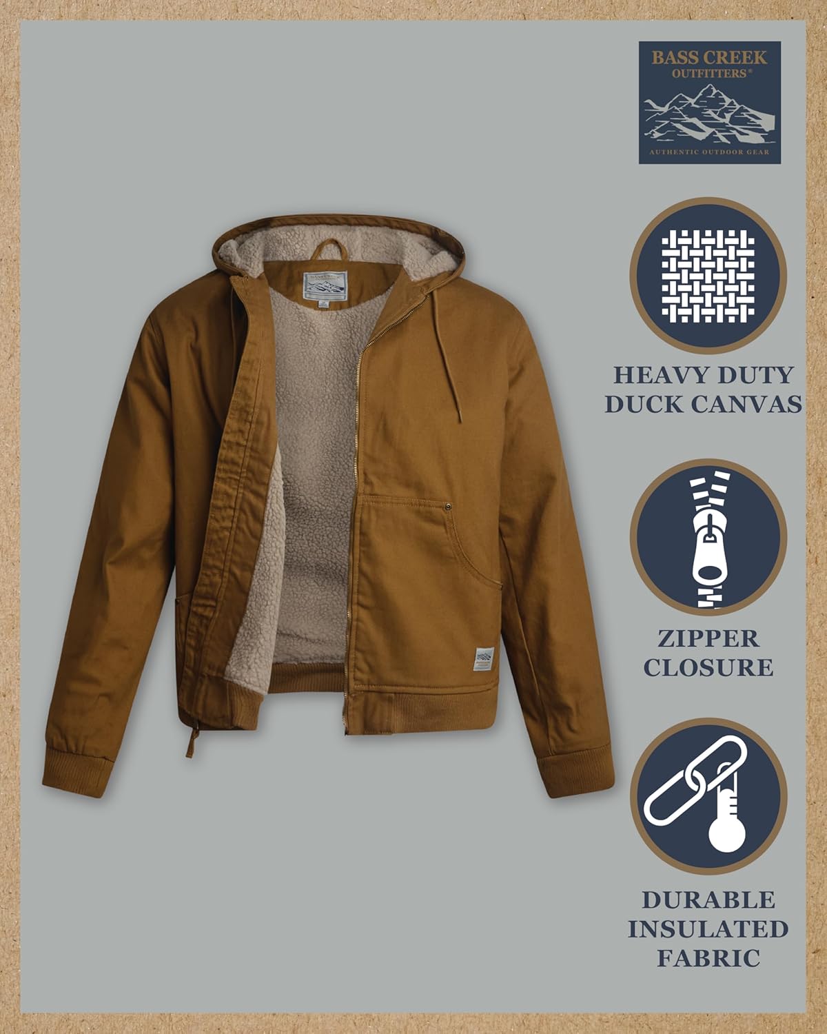Bass Creek Outfitters Mens Canvas Jacket - Heavy Duty Cotton Sherpa Lined Zip Up Duck Work Jackets for Men (Sizes M-XXL)