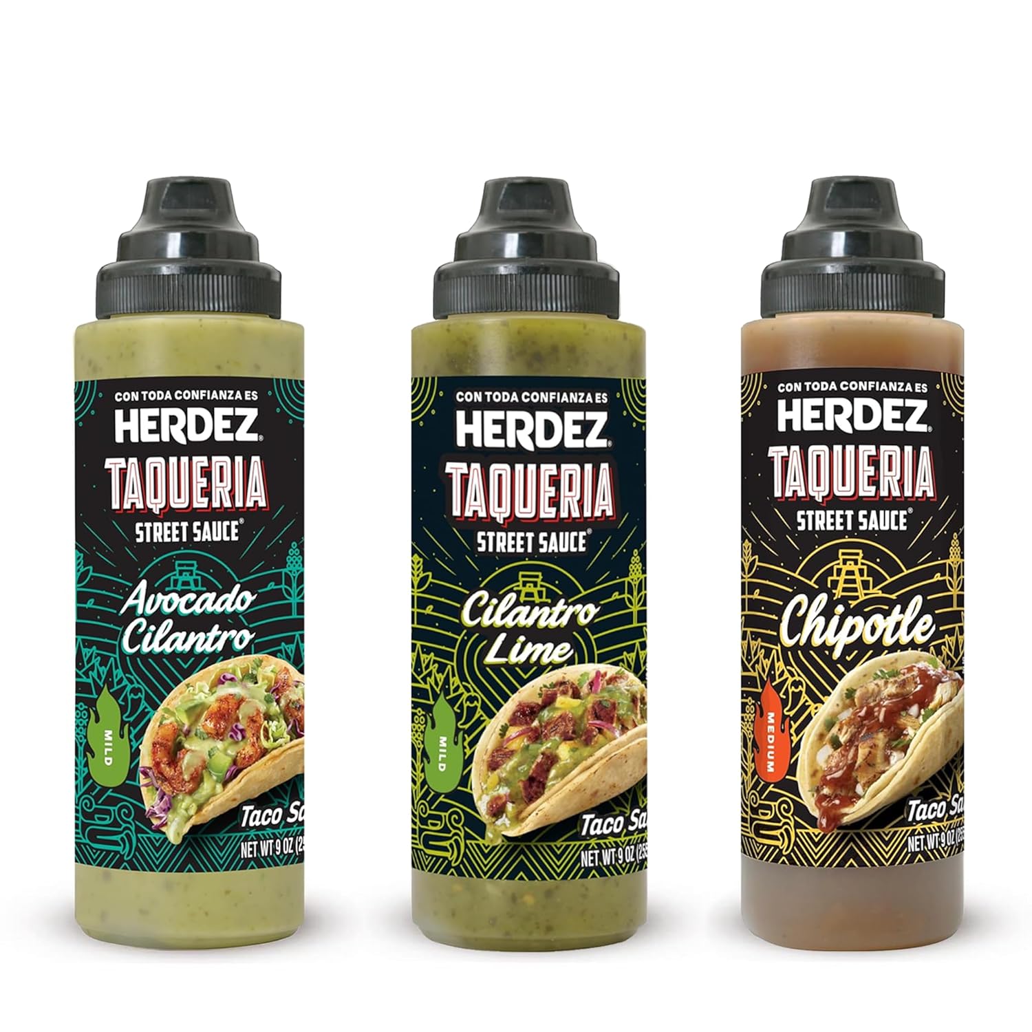 Herdez Taqueria Street Sauce Variety Pack, Avocado Cilantro, Cilantro Lime, Chipotle, 9 oz Bottles(pack of 3)