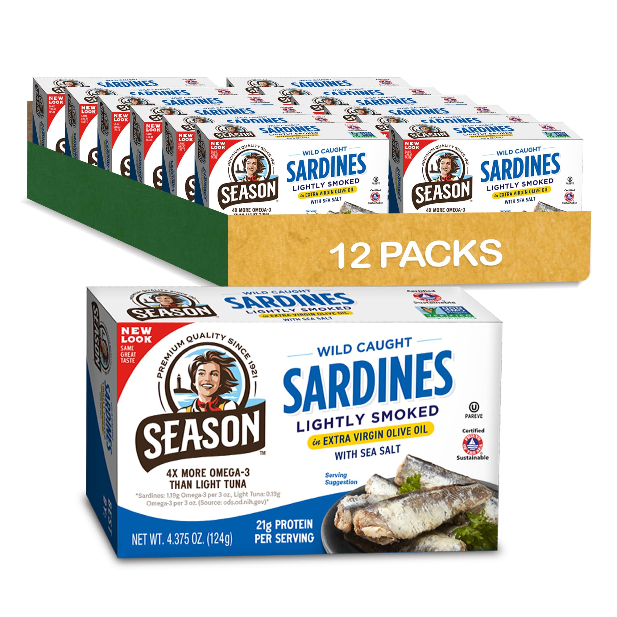 Season Sardines in Extra Virgin Olive Oil - Wild Caught, Lightly Smoked, 21g of Protein, Keto Snacks, More Omega 3's Than Tuna, Kosher, High in Calcium, Canned Sardines - 4.37 Oz Tins, 12-Pack
