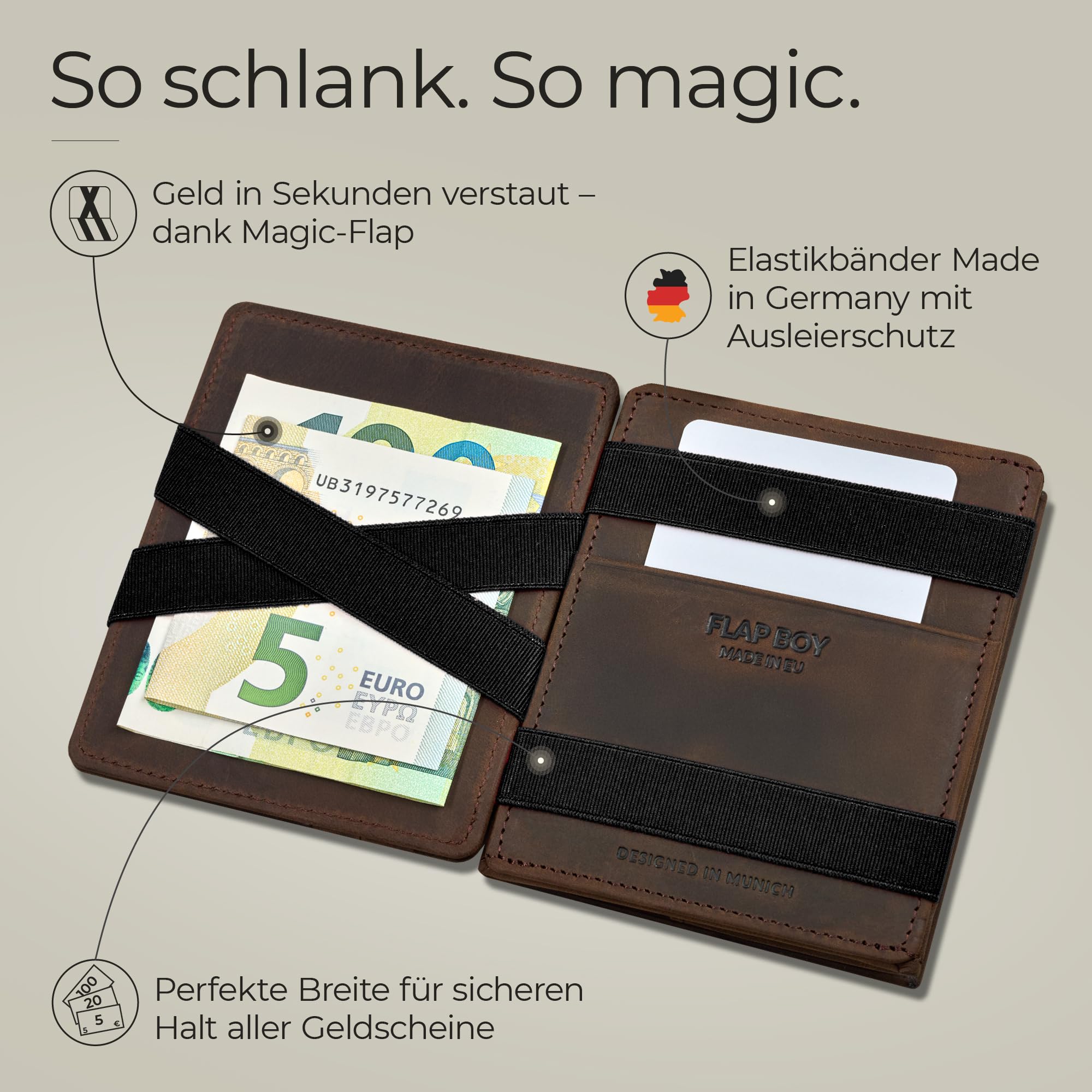 Jaimie Jacobs Flap Boy - Das Original Magic Wallet mit Münzfach RFID-Schutz Magischer Geldbeutel magisches Portemonaie Brieftasche mit Kleingeldfach Herren echtes Leder (Büffelleder Braun)