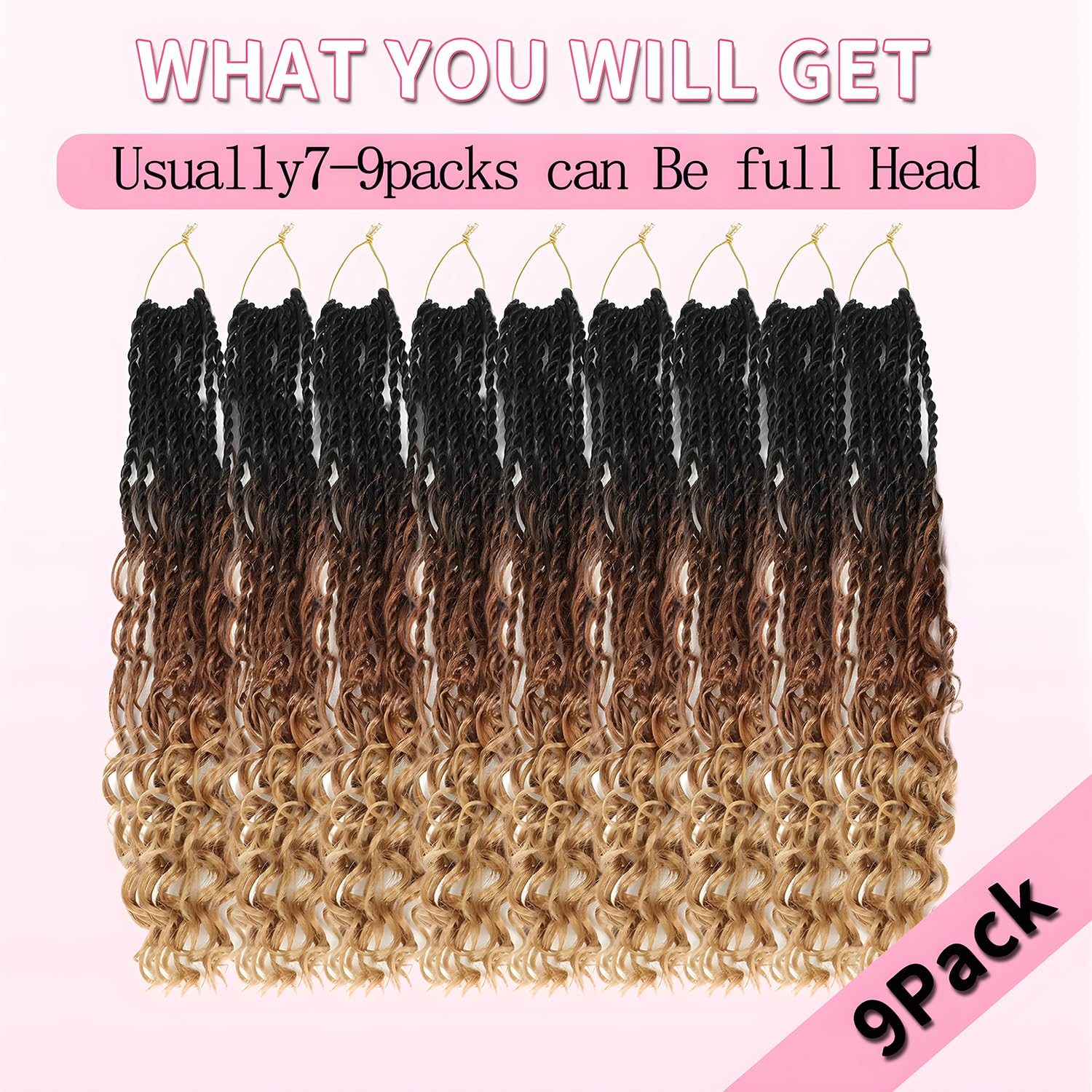 QIDESHENG 9 Packs Senegalese Twist Crochet Hair 14 Inch Pre-Looped Island Twist Boho Crochet Braids Hair Extensions with curls Synthetic Crochet Hair Extensions for Black Women(1B) (1B/30/27 - Image 3