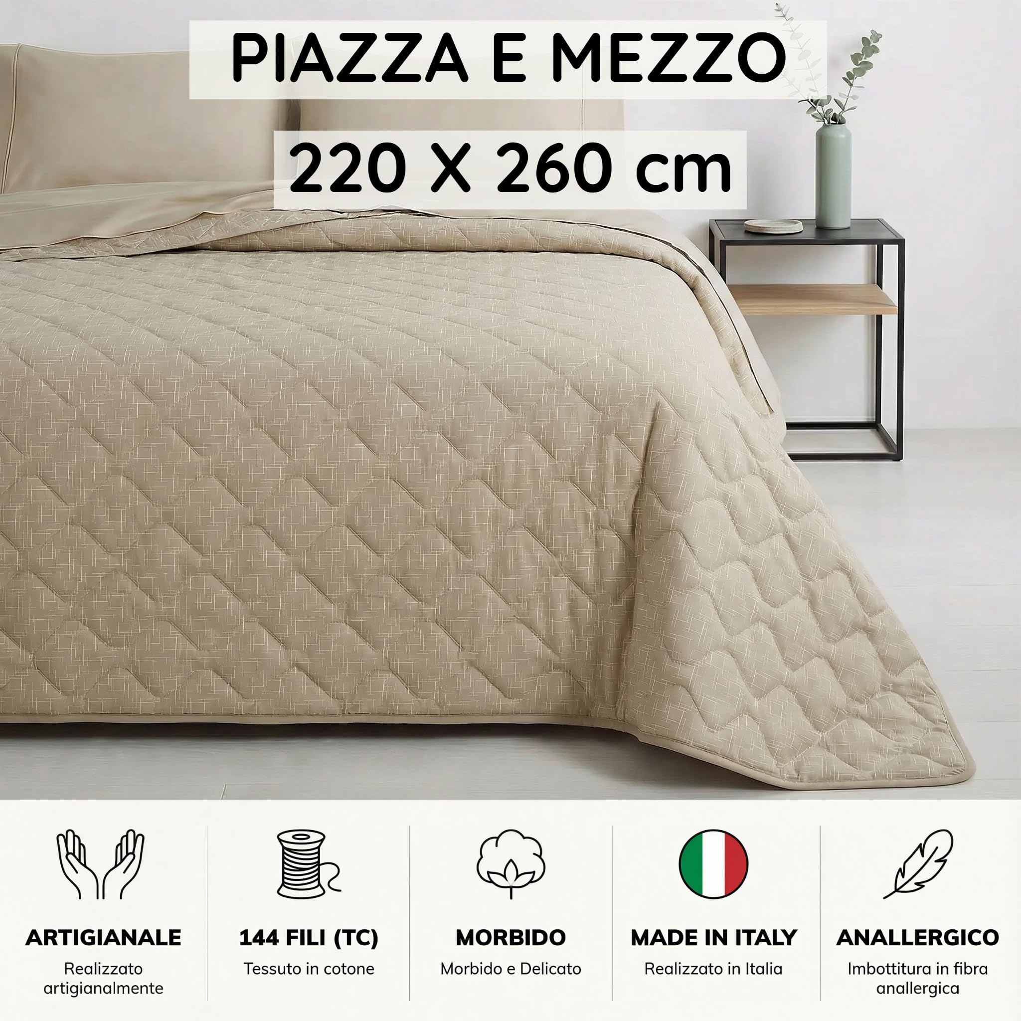 Mahome Trapuntino Piazza e Mezzo Primaverile Estivo in 100% Puro Cotone 220x260 cm Leggero Double Face - Copriletto Trapuntato morbido Traspirante Anallergico - Made in Italy – Climp Tortora - 3