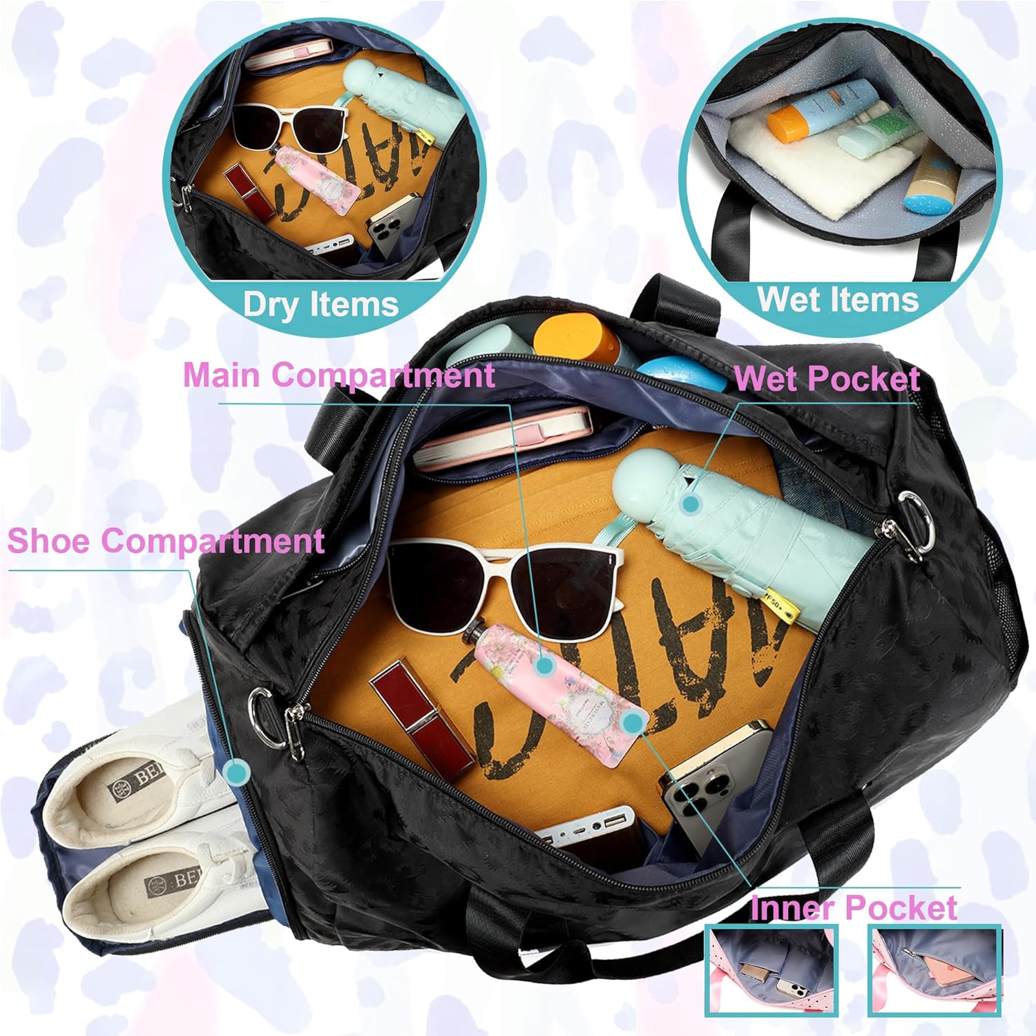Dance Bag for Girls Duffle Bag Girls Overnight Bags Sleepover Gym Gymnastics Bags with Shoe Compartment and Wet Pocket,Leopard Shape - Image 5