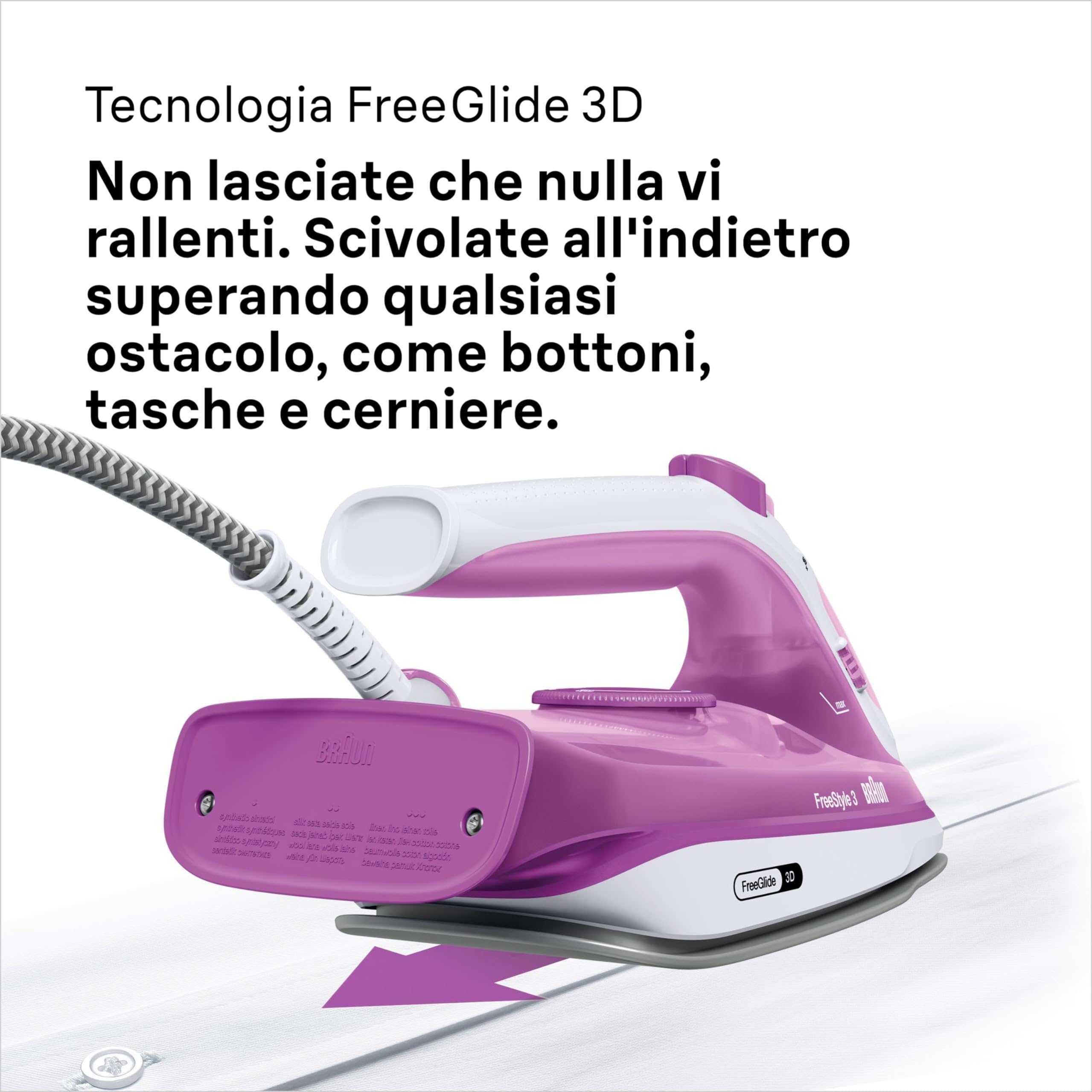 Braun FreeStyle3 FI3124PU Ferro da Stiro con 5 Anni di Assistenza, MODALITA' ECOMODE Risparmio Energetico, Tecnologia FreeGlide 3D, vapore 170g/min, AutoSpegnimento, Serbatoio acqua 270ml, 2700W,Viola