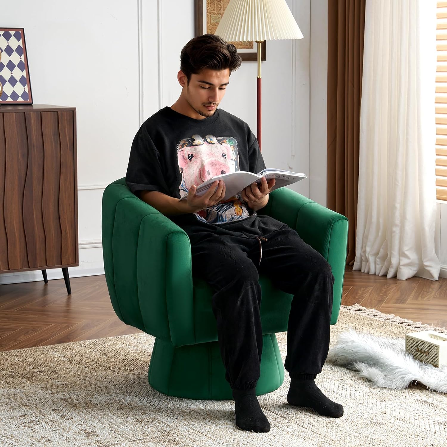 Karl home 360° Swivel Accent Chair, Modern Velvet Fabric Living Room Armchair with Fluffy Cushions, Comfy Wide Upholstered, Barrel Accent Chairs for Living Room, Bedroom, Lounge, Office (Green)