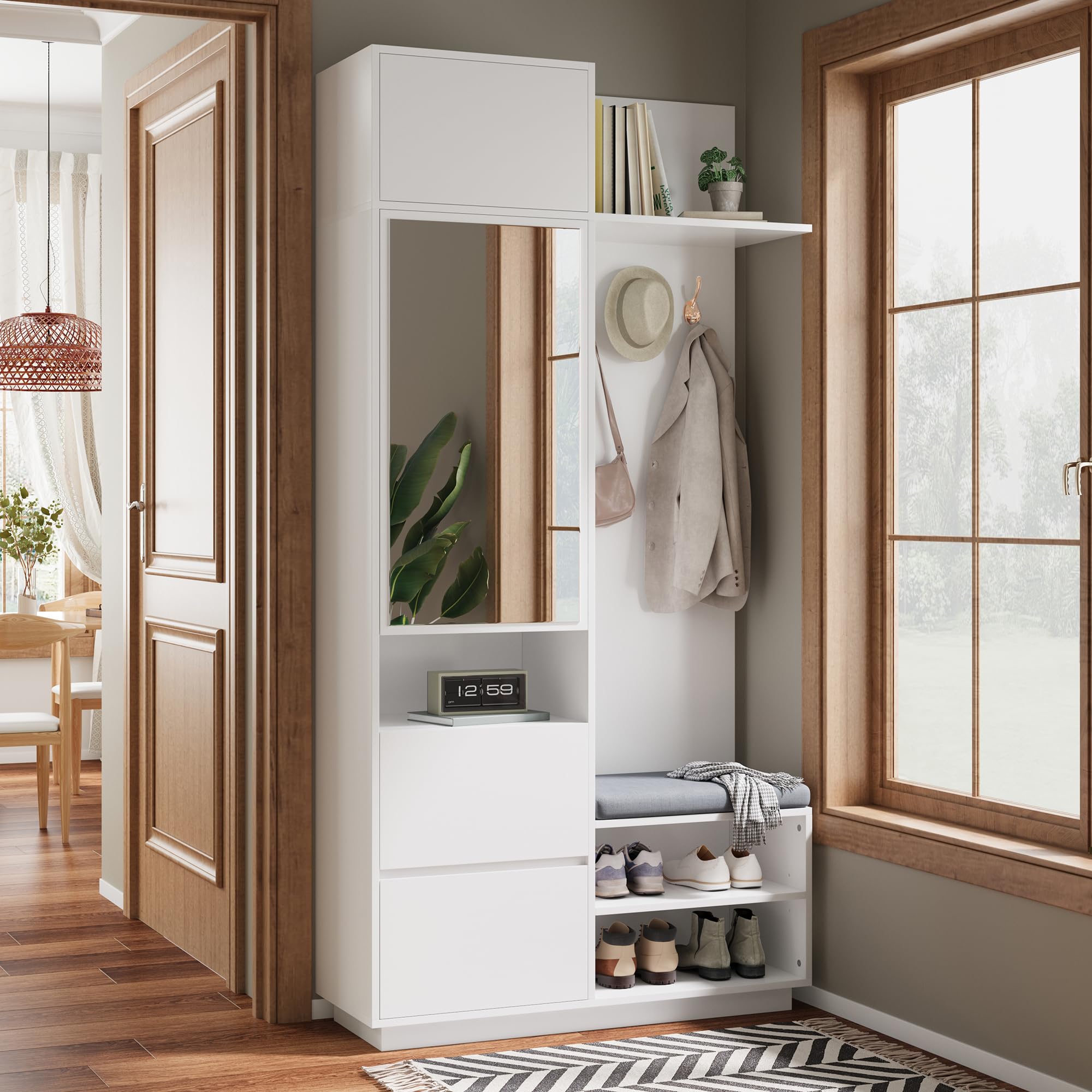 Garderobenset Hoch 190 cm mit Spiegel und Sitzbank, Garderobenschrank Flurgarderoben Set mit Haken und Schuhschrank, Weiß