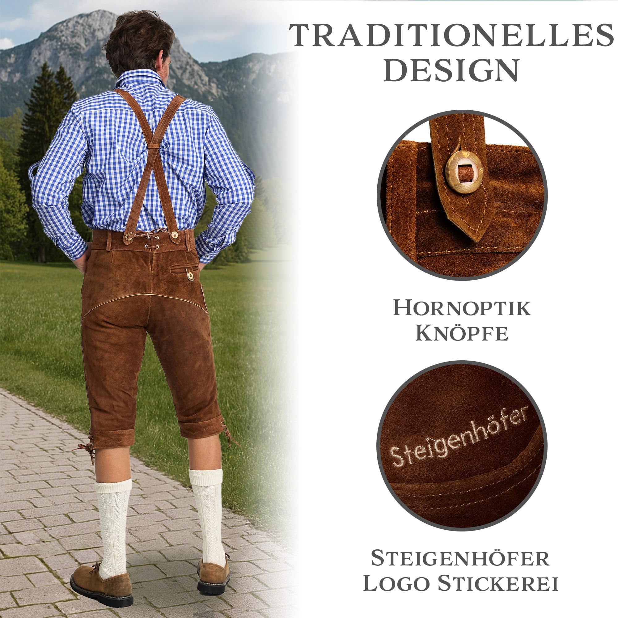 STEIGENHÖFER Lederhose Herren Tracht Kniebund - Reinhold - Trachtenhose mit Trägern - 100% Rindsleder - Traditionelle Echtlederhose - Ideal für Dein Oktoberfest Herren Outfit