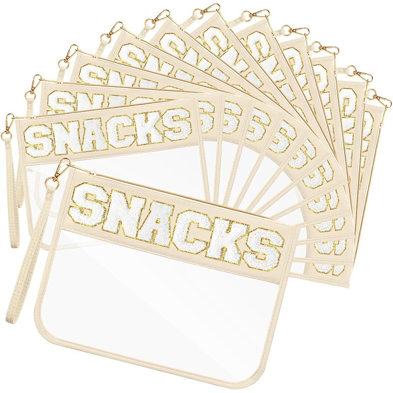 Abbylike 12 Necessaires com Zíper e Letras de Chenille, PVC Transparente e Nylon, Branco Leitoso