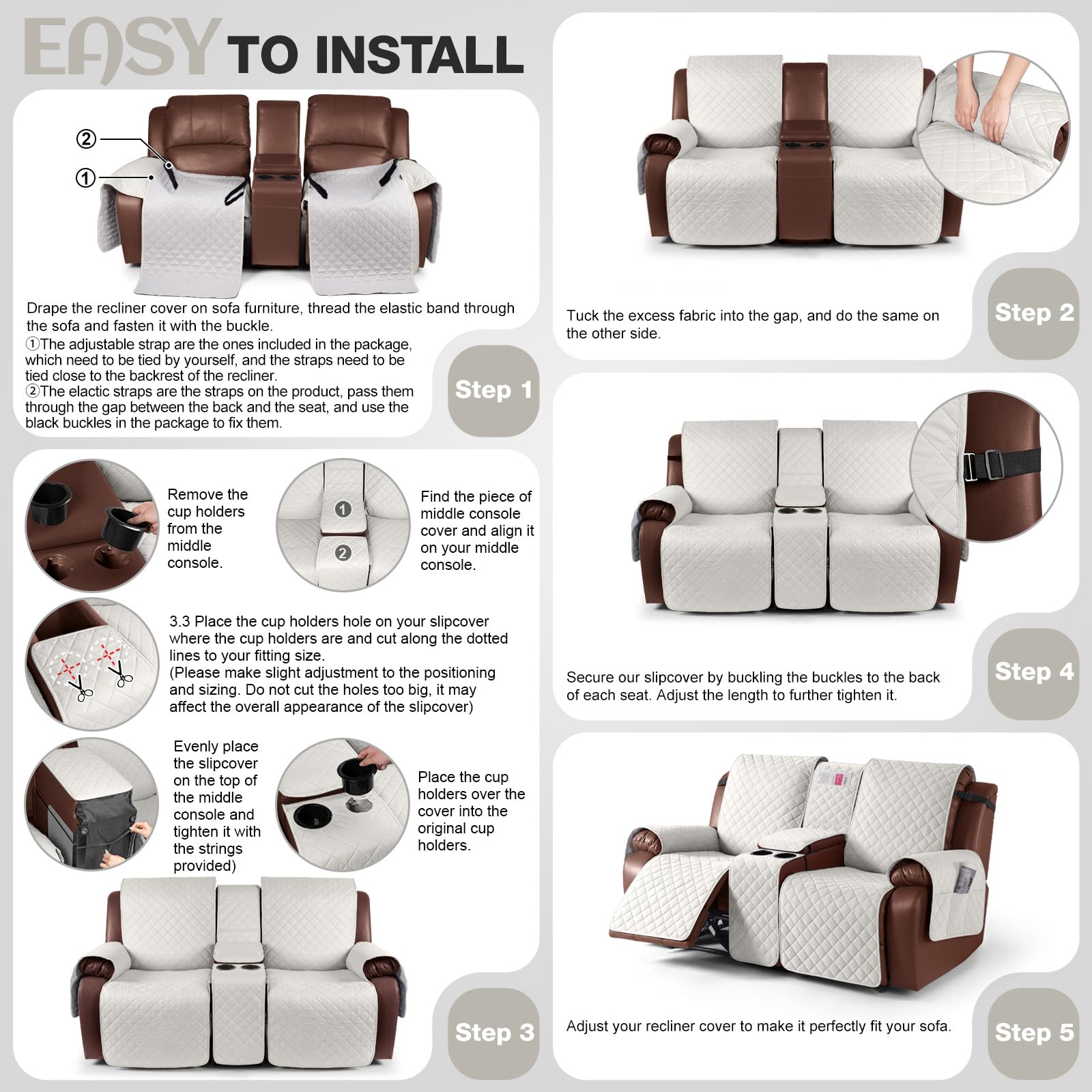 Funda 100% impermeable para sofá biplaza reclinable con consola, fundas antideslizantes para sofá reclinable de 2 asientos, protector de muebles con correas elásticas para niños, mascotas, 5