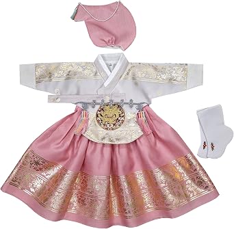 Girl Baby Hanbok First Birthday Party Celebration Hanbok Set Korean Traditional Costumes 100th days-8 Ages Gold Print osg001 1 Age Full Set