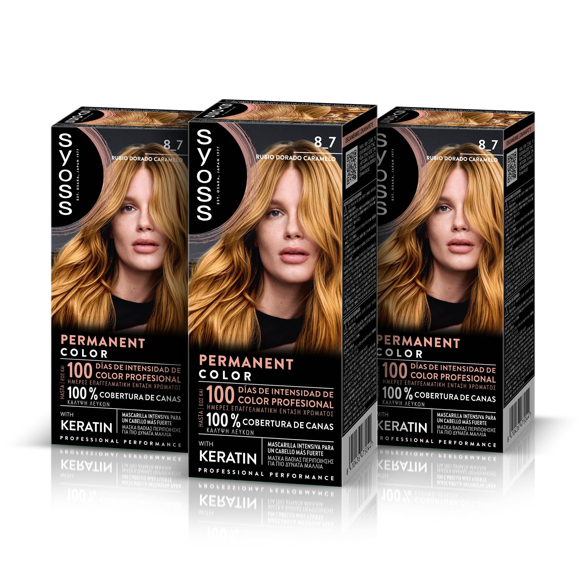 Syoss Permanent Color 8-7 Caramel Golden Blonde, Hair Dye and Mask with Keratin, for Professional Gray Coverage, Lasting Color and Intensive Care, Pack 3