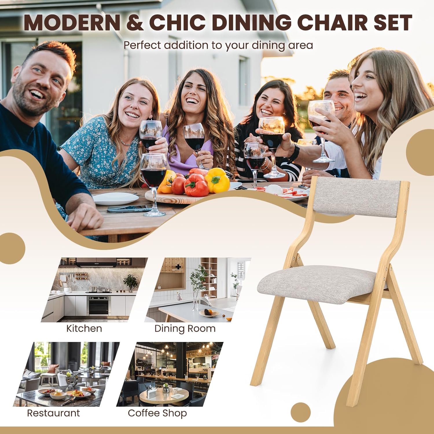 Giantex No Assembly Folding Dining Chairs Set of 2, Kitchen Chairs with Linen Padded Seats, Easy to Store, Perfect for Events and Parties