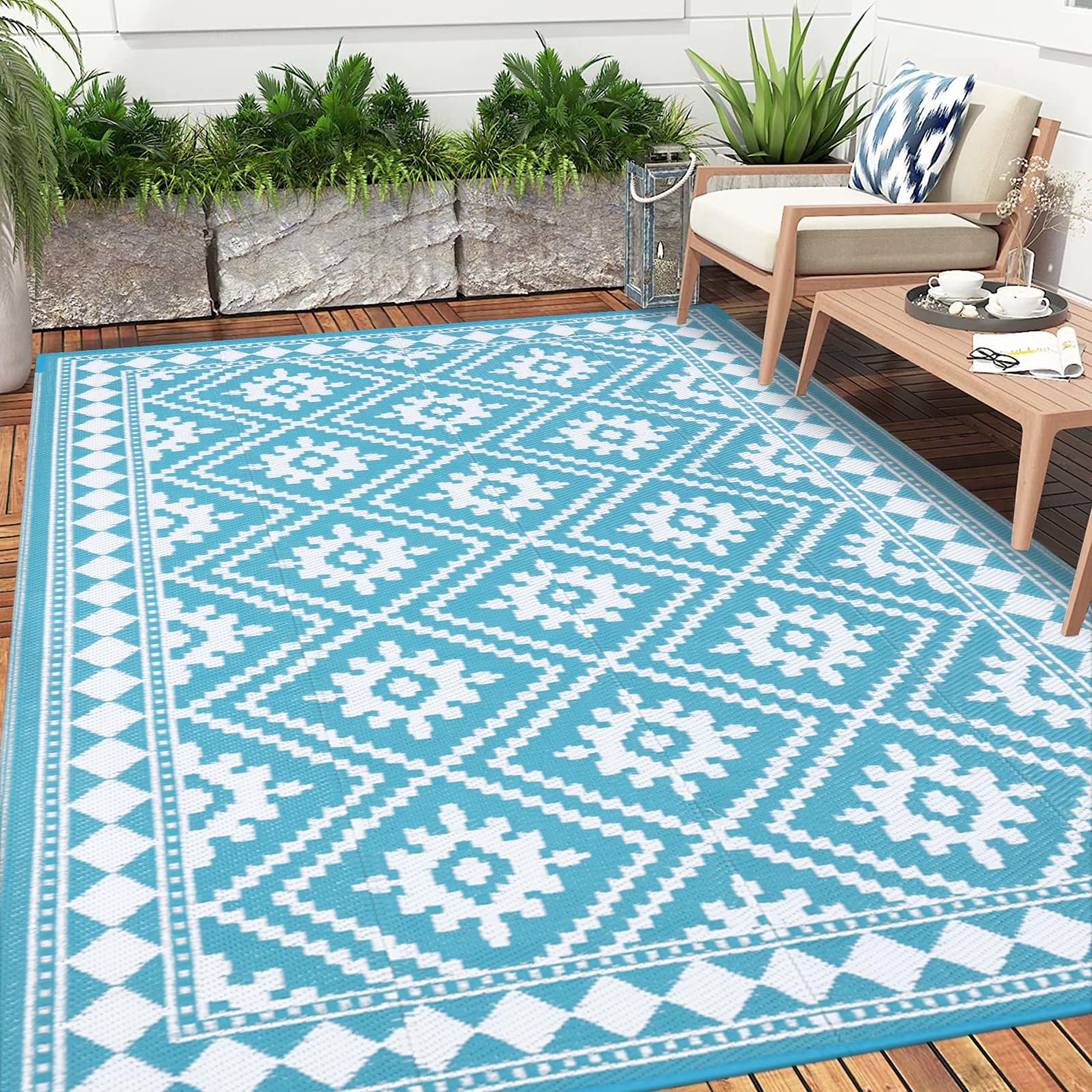 Enyhom Extra Large Outdoor Area Rugs, 180 x 270 cm Waterproof Durable Garden Rug Foldable Recycled Plastic Straw Mat Portable UV Resistant Garden Carpet Rug for RV, Deck, Balcony, Porch, Turquoise — image 1