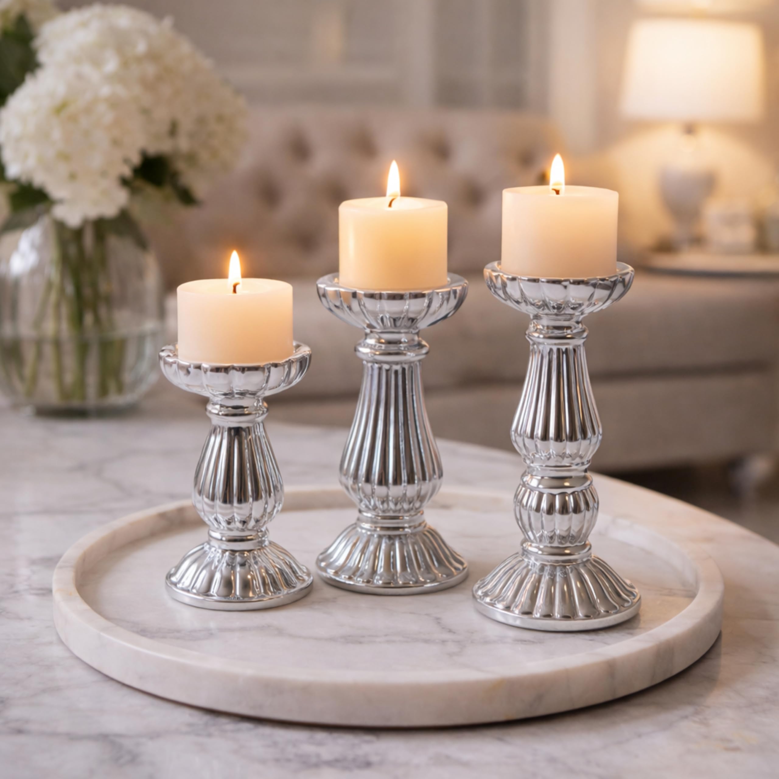 Marco Paul Interiors Silver Marco Paul 3Pc Pillar Candle Holder Set Graduated Heights Decorative Metal Candle Stands For Dining Table Centrepiece Wedding Home Décor