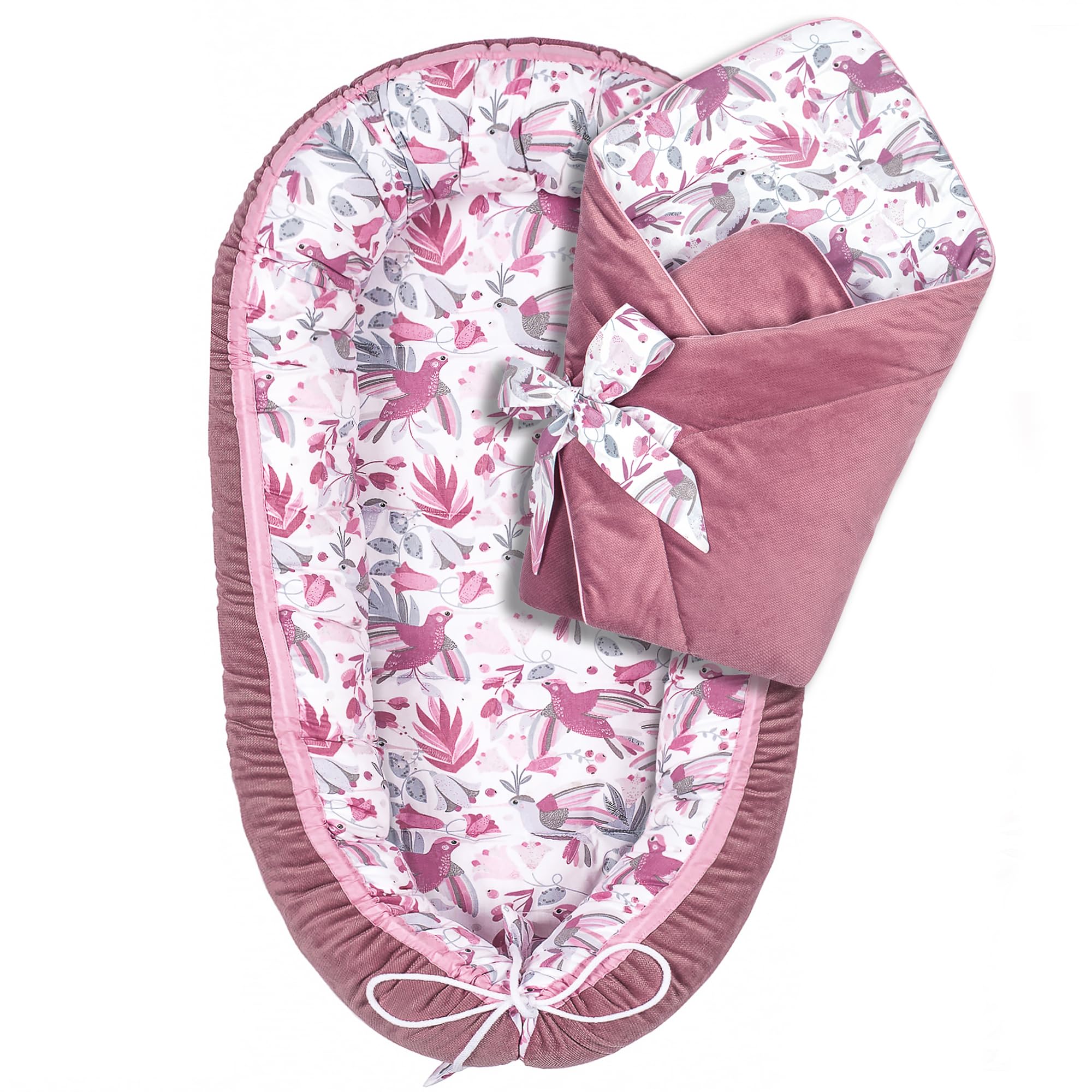 Pepi - Babynestchen Set Babynest 2in1 - Kegel aus 100% Baumwolle und Samt- Schlafsack Baby Abdeckhaube - Pucksack Baby Pucktuch - Pucktuch Baby - cottone&Velvet (Hummingbird Old rosa)