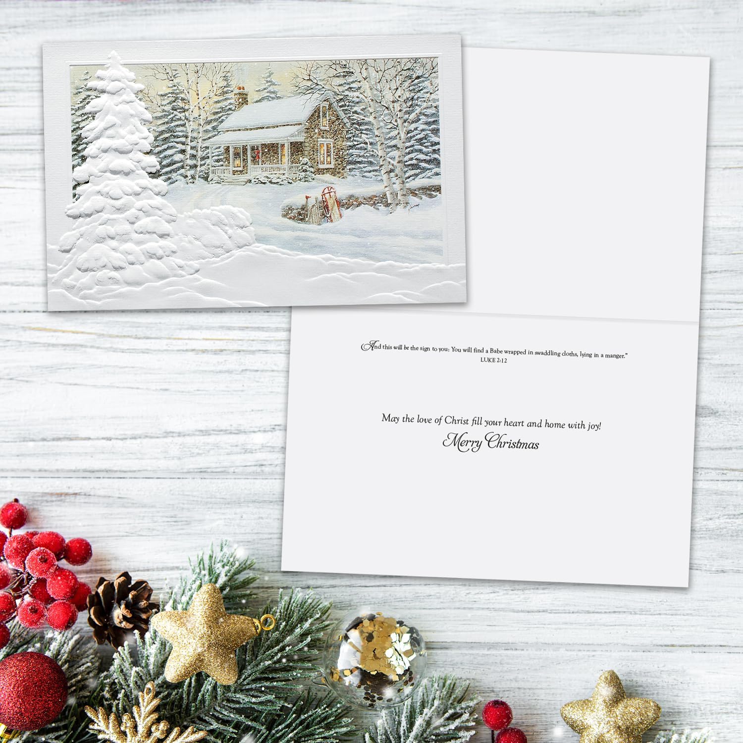 Pumpernickel Press Embossed Christmas Scripture Greeting Cards Boxed Set – Deep Woods, 16 Count