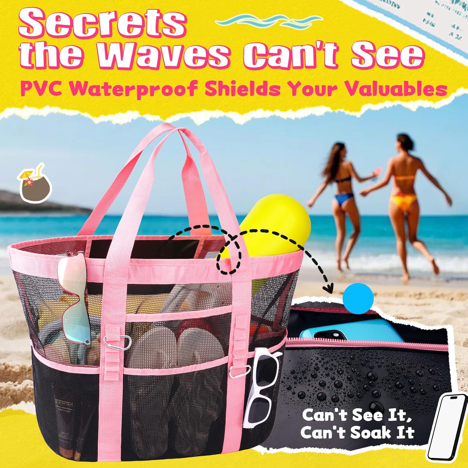 Stylish & Spacious XX-Large Beach Bag for Women – 12 Pockets, Foldable & Lightweight Mesh Tote, Includes 2 Carabiners - Image 6