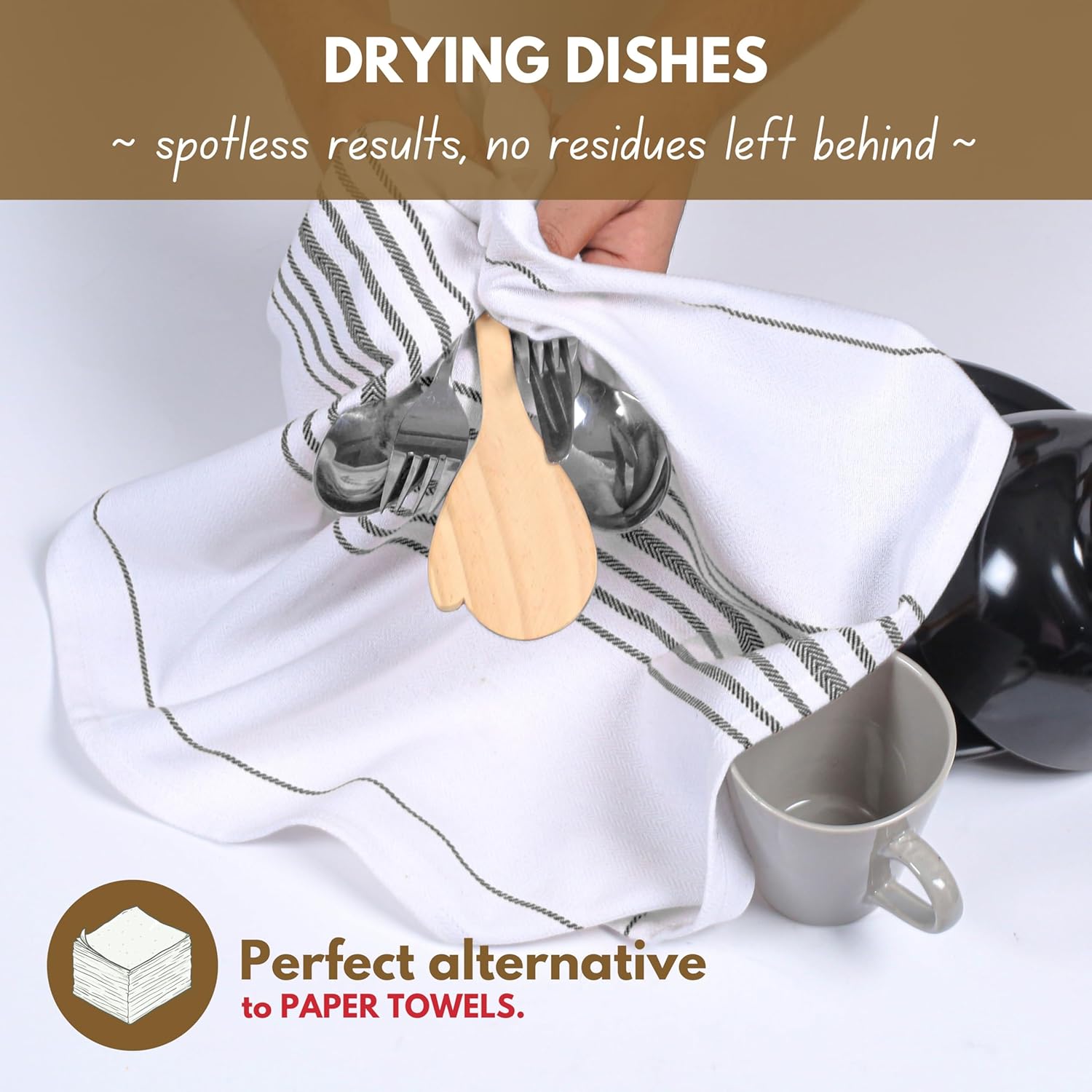 Native Fab Black Stripe Kitchen Towels 12 Pack Herringbone Scandia Weave 16"x26" - Super Absorbent Cotton Dish Towels, Multi Purpose Quick Dry Kitchen Washcloths with Loop - Black White