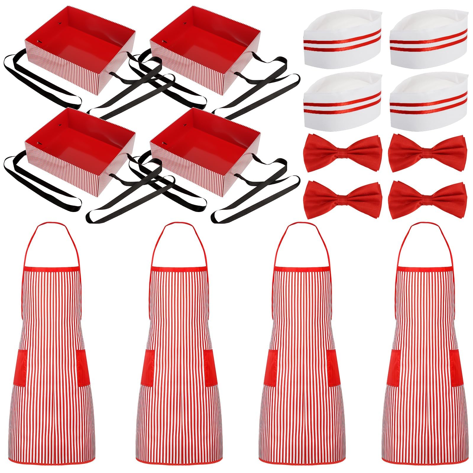 XJGQZ 1950s Fancy Dress Waiter Costume, 4 Sets of Retro Diner Outfits with Striped Aprons, Hats, Bow Ties and Snack Trays for Cinema Nights, Circus and Party Cosplay, 16 Pcs