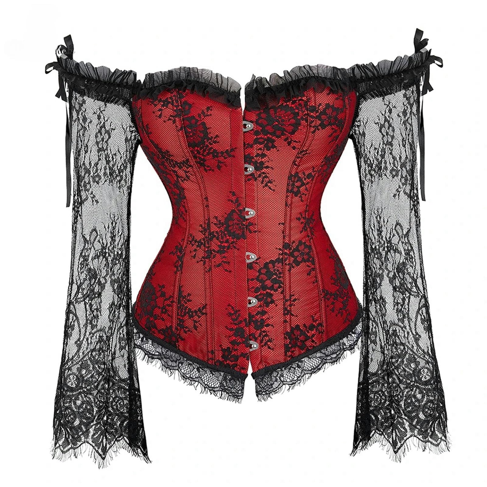 HAAR Top Bustier Aderente Corset Top Bustier Lingerie Donne Con Maniche Lunghe Plus Size Pizzo Floreale Sexy Costumi Rosso Nero