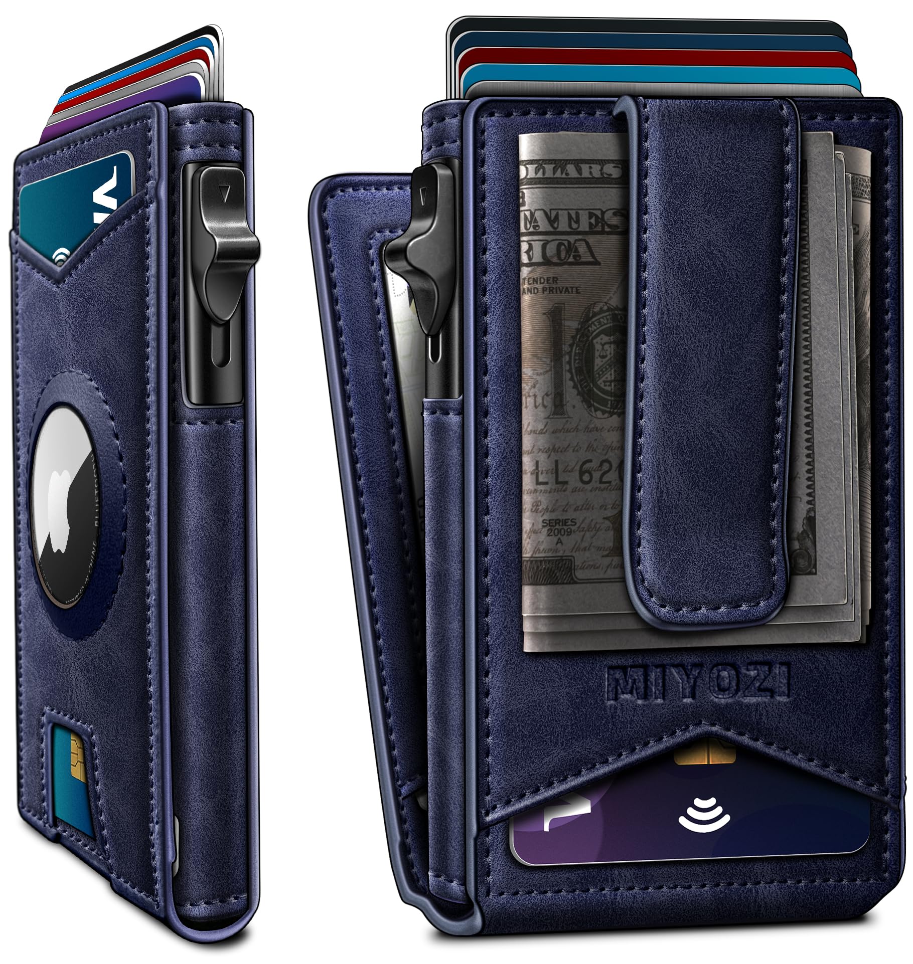 miyozi Airtag Wallet for Men Money Clip 9-Card Pop-Up Credit Card Holder with ID Window RFID Blocking Metal Case Magnetic Closure Front Pocket Wallet