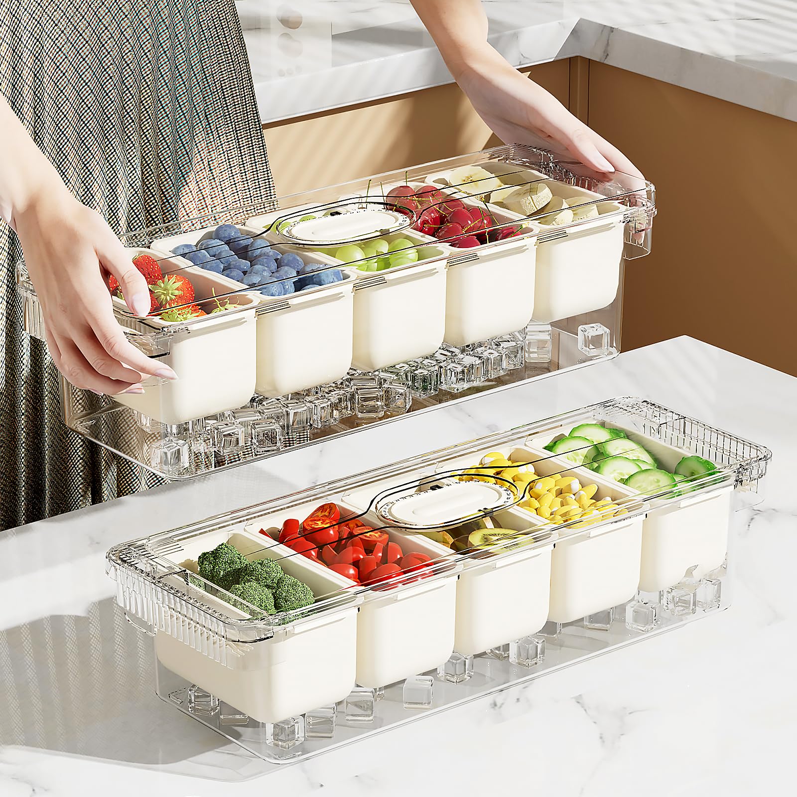 Fangoo Condimentos Refrigerados Organizador con Tapa con 5 Compartimentos 5 tenedores y 2 clips extraíbles en Hielo Bandeja Condimentos Refrigerada Viene para bar de ensalada Buffetes de pizza