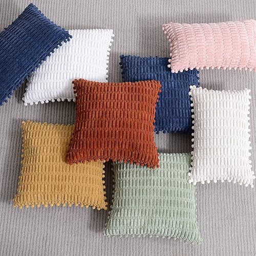 Miniatura 8 de Fancy Homi Paquete de 2 fundas de almohada decorativas verde azulado de 24 x 24 pulgadas con pompones para sala de estar, sofá, cama, decoración