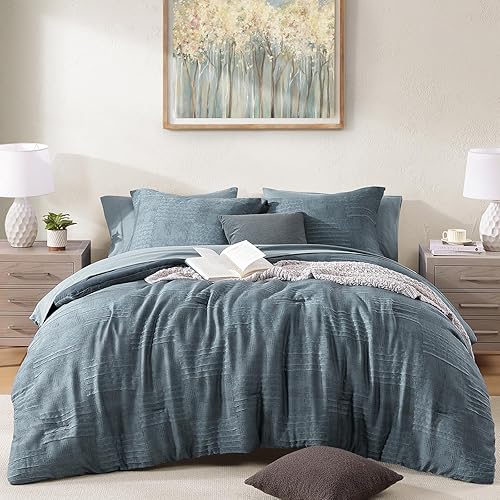 MaiRêve King Comforter Set Dusty Blue, Textured Design Crinkle Bedding Sets 7 Pieces, All Season Bed in A Bag with Comforter, Sheets, Pillowcases & Shams