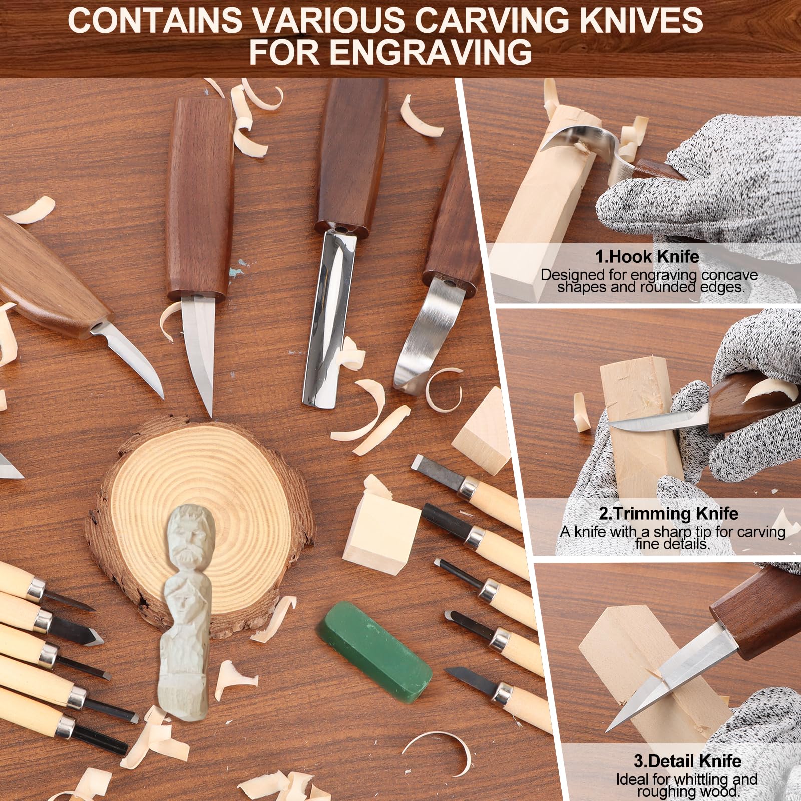 Juego de 36 Herramientas para Tallar Madera, Set de Tallado de Madera con 5 Cuchillos de Tallar 10 Cuchillos de Detalles 14 Bloques de Tilo y Accesorios para Principiantes y Profesionales