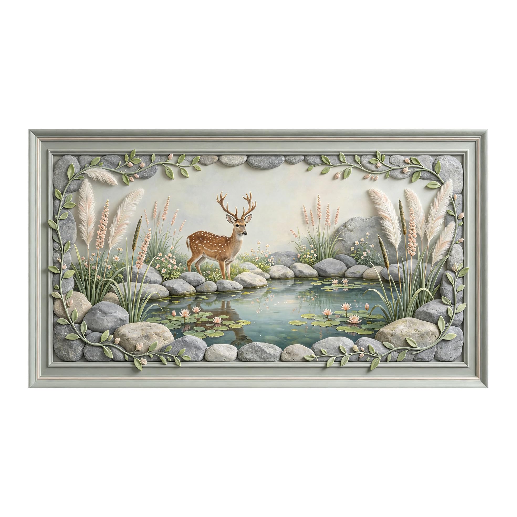 Yzpallescene 3D 3D Framed Wall Art 50cm×90cm Deer by Pond Pastoral Landscape Oil Painting Large Size SelfAdhesive Removable Wall Decor Prints Artwork for Living Room Bedroom Office
