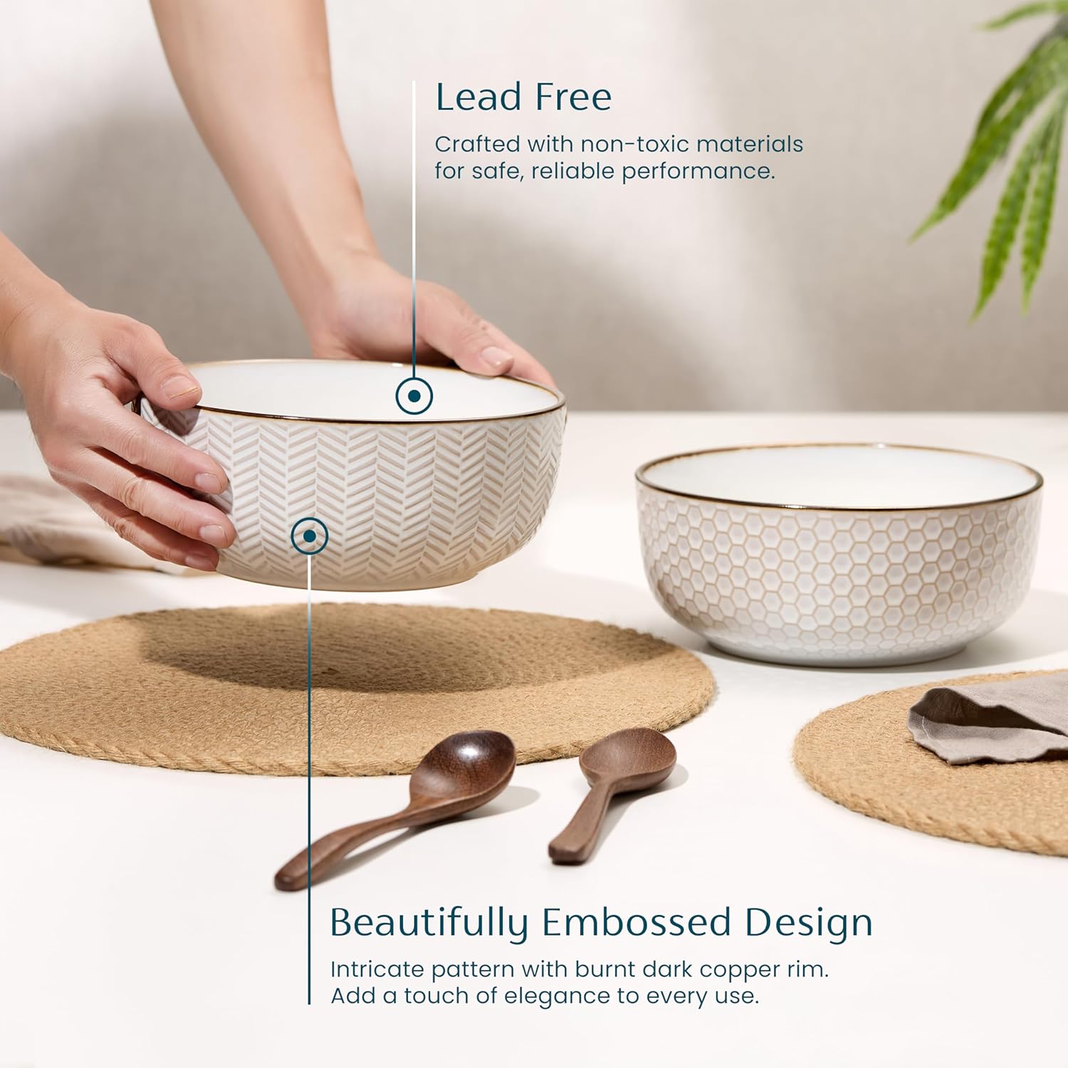 KooK Ceramic Salad Bowls, Embossed Large Kitchen Bowls, For Serving Pasta, Soup, Fruits, Microwave and Dishwasher Safe, Cream with Dark Copper Accents, Set of 2, 60 oz, Narbonne Collection