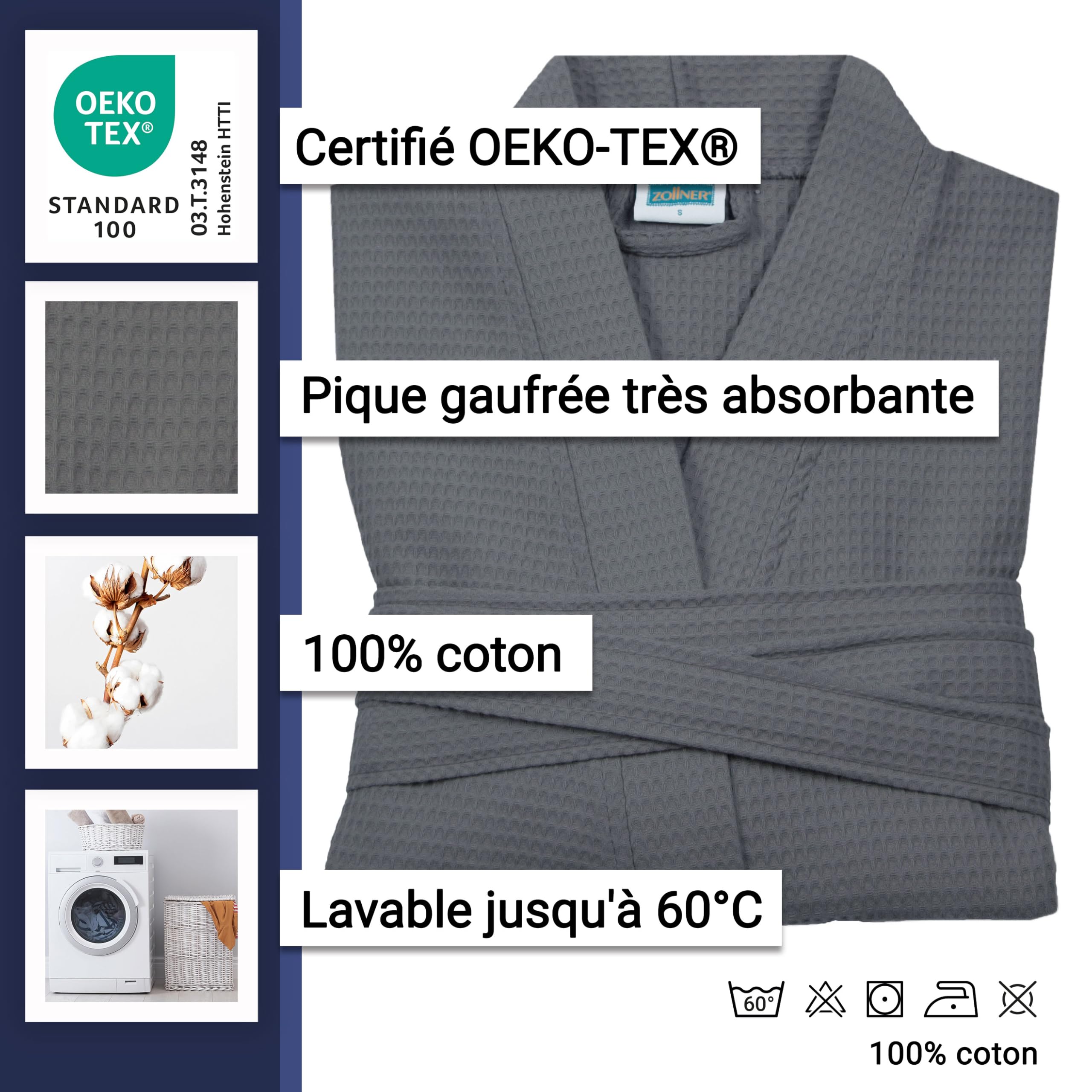 ZOLLNER Peignoir de bain - piqué gaufré doux et agréable pour la peau - unisexe - coton - Taille S-XXL - lavable à 60°C - qualité hôtelière - certifié Oeko Tex®, 266