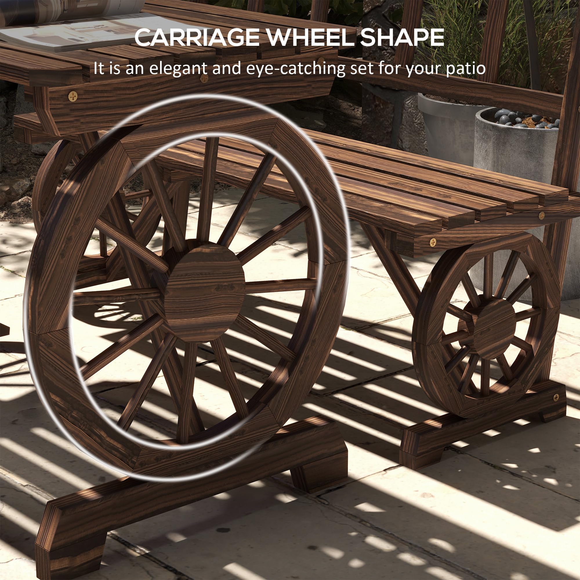 Mesa y sillas para exteriores para 4 personas, juego de mesa de patio de madera y banco de comedor, juego de muebles de 3 piezas para todo tipo de clima con diseño de rueda de carro para 3