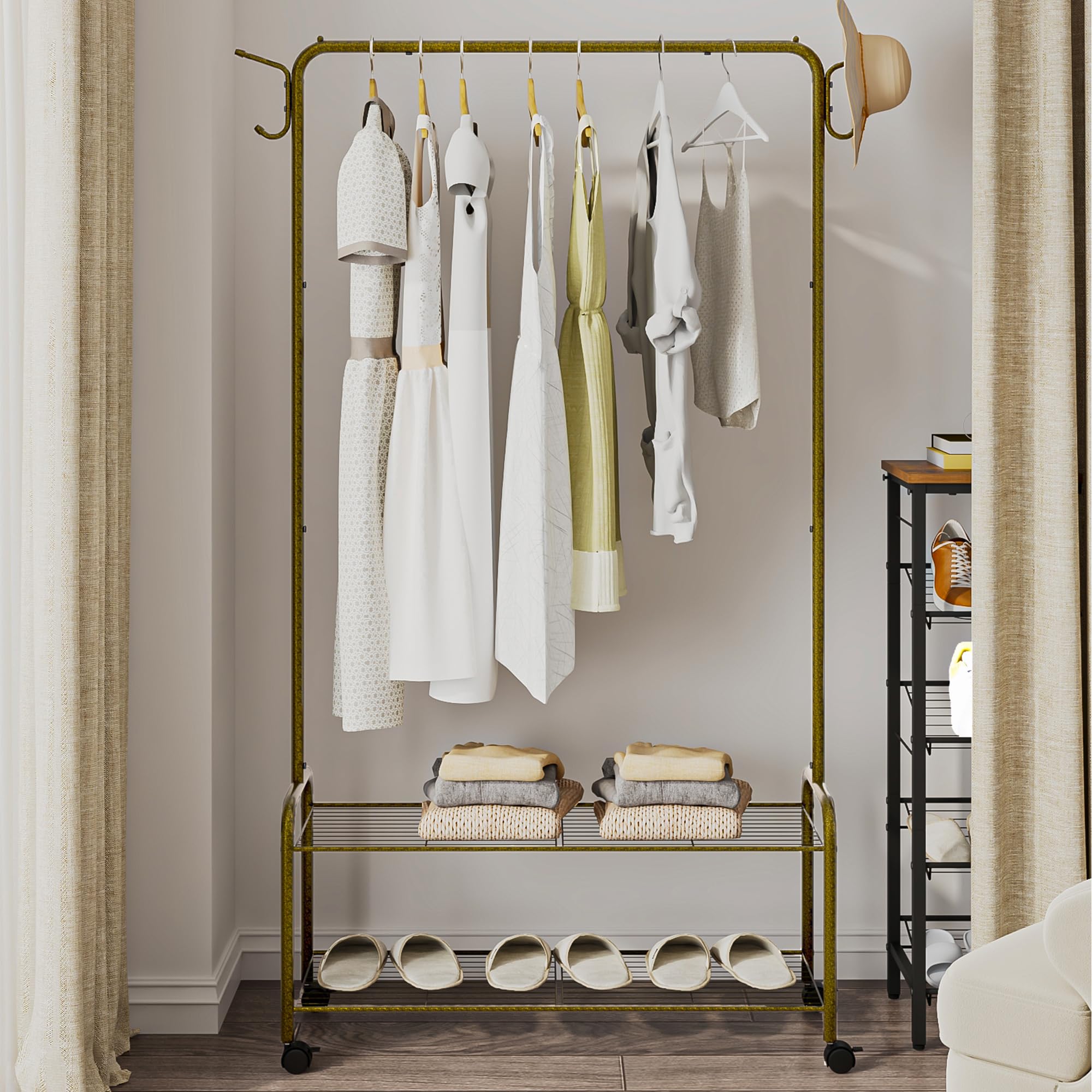 Hzuaneri Clothes Rack, Garment Rack, 2-In-1 Design, Clothing Rack with 4 Wheels, Shoe Rack with 2-Tier Storage Shelf, Coat Rack with 4 Hooks for Bags, 33.4 x 12.5 x 64.5 Inches, Dark Gold GR07416A