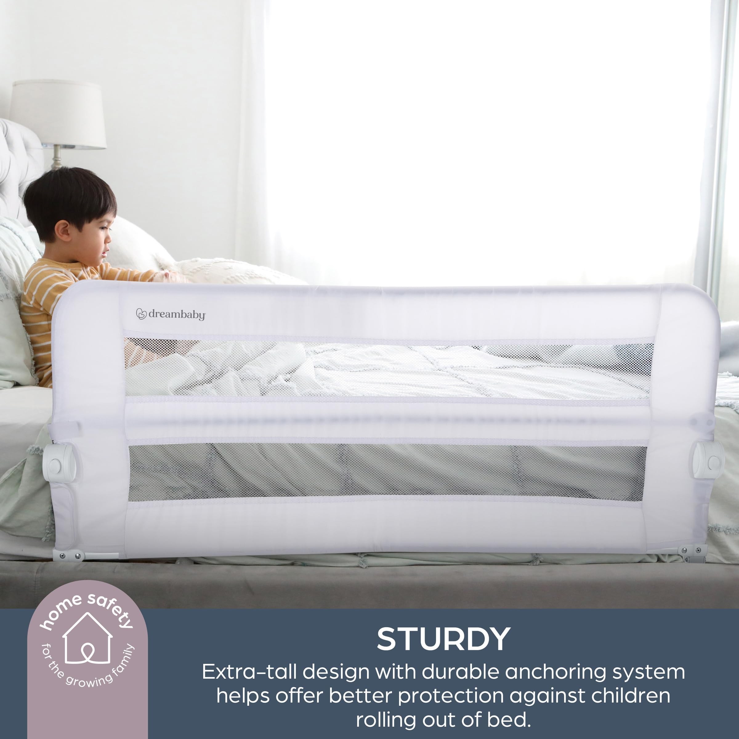 Dreambaby Dallas Barrière de lit Pliable – Barrière de lit pour Enfant avec ancrages de sécurité, barrière de lit basculante – Convient aux Matelas Jumeaux, complets et Grands – 109,9 cm de Long et